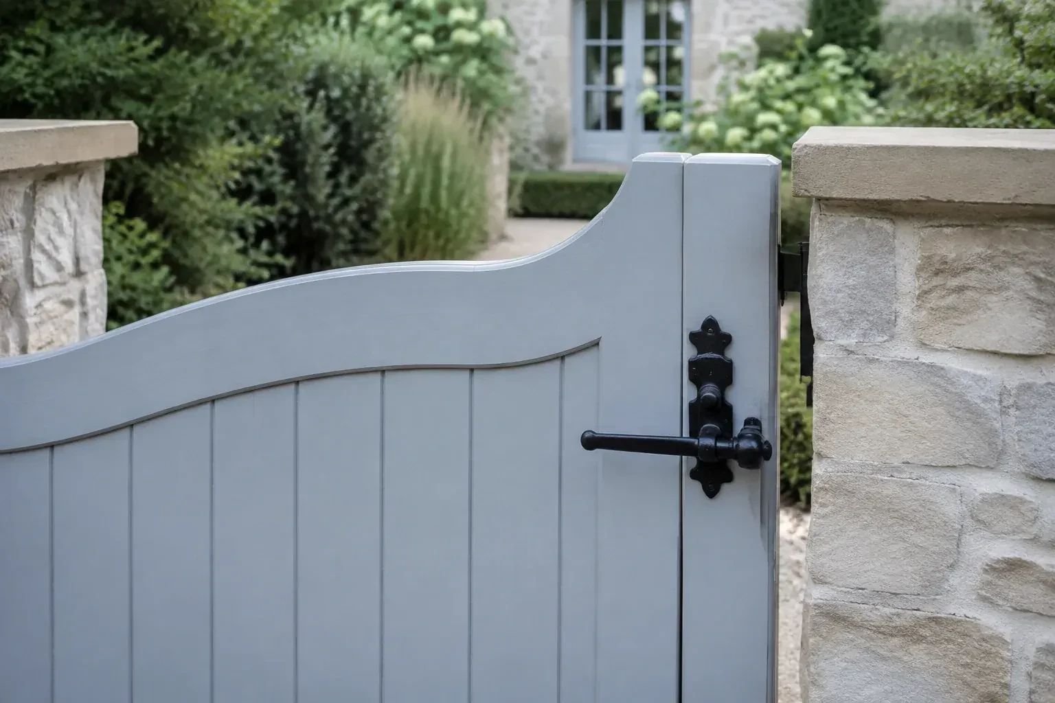 Pale blue garden gate with a black lever latch between light stone pillars. — Gate & Building Entry Locks, Mississauga
