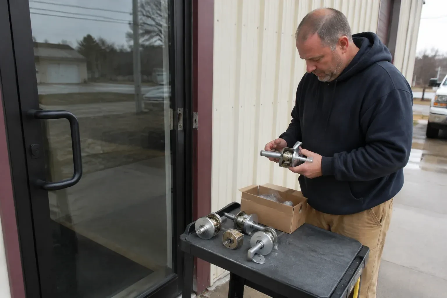Person holding a door-handle assembly beside a glazed entrance, with more handle and lock components on a cart. — Commercial-Grade Lock Replacement, Mississauga