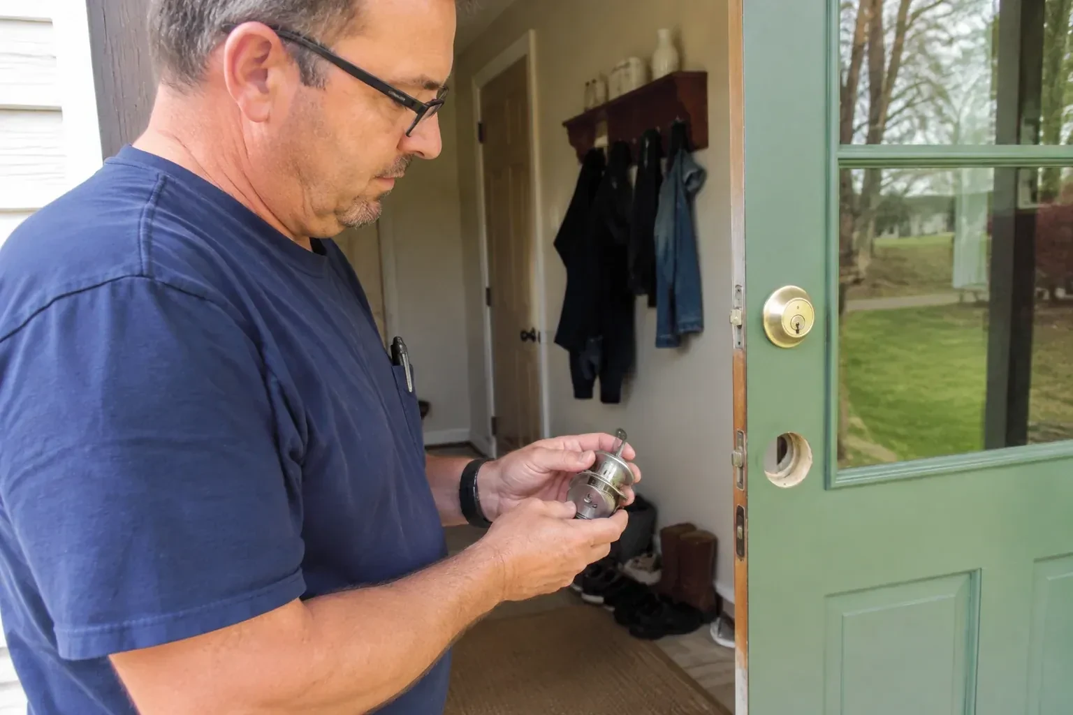 Person holding a cylindrical door-lock assembly beside an open green glazed door with its lower lock opening exposed. — Seized & Jammed Lock Opening, Mississauga