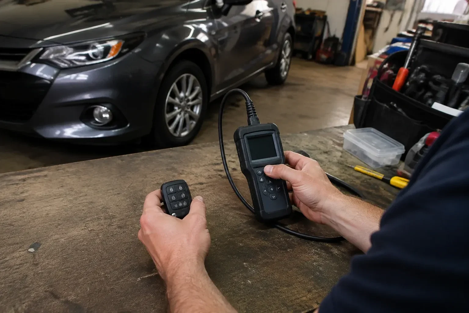 Hands holding a car-key fob and a small wired electronic device above a workbench in a garage with a parked car. — Key Fob Programming, Mississauga