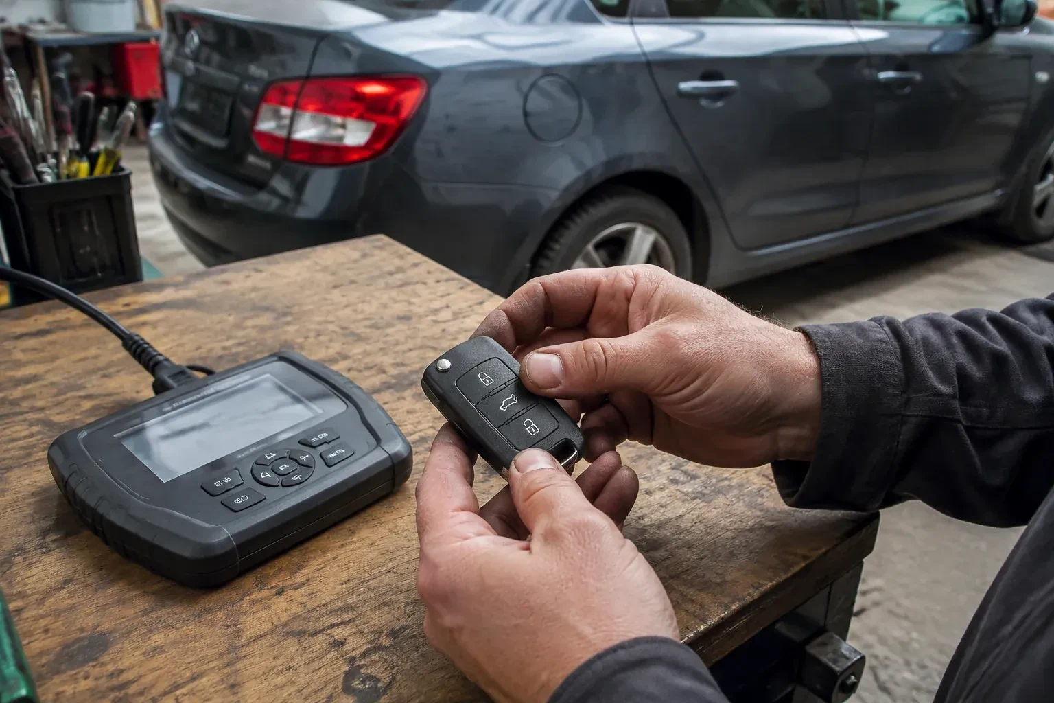Hands holding a black car key fob above a workbench, beside a wired handheld device with a screen. — Car Key Replacement, Mississauga