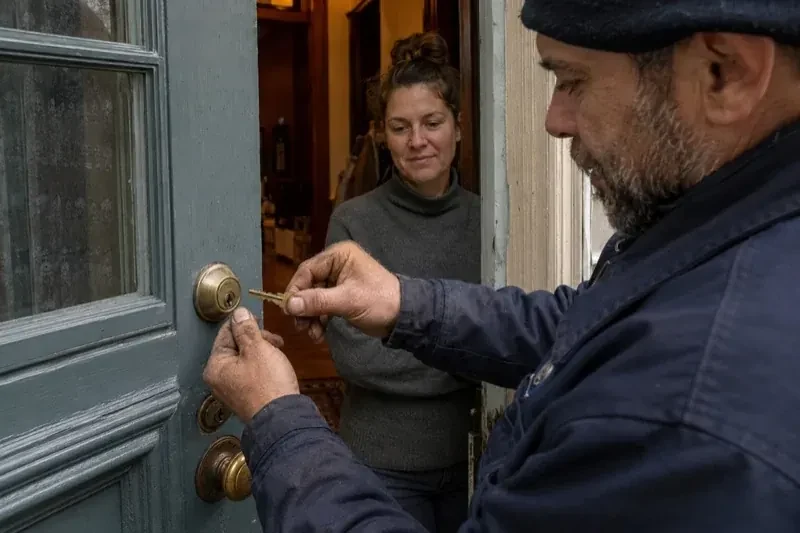 Person holding a key beside a brass-colored deadbolt on an open painted door while another person watches from inside. — Home Lockout Service, Mississauga