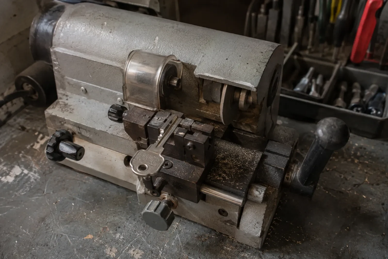 Metal key-cutting machine with a key clamped in its vise, a clear guard over the cutter and a black handle.