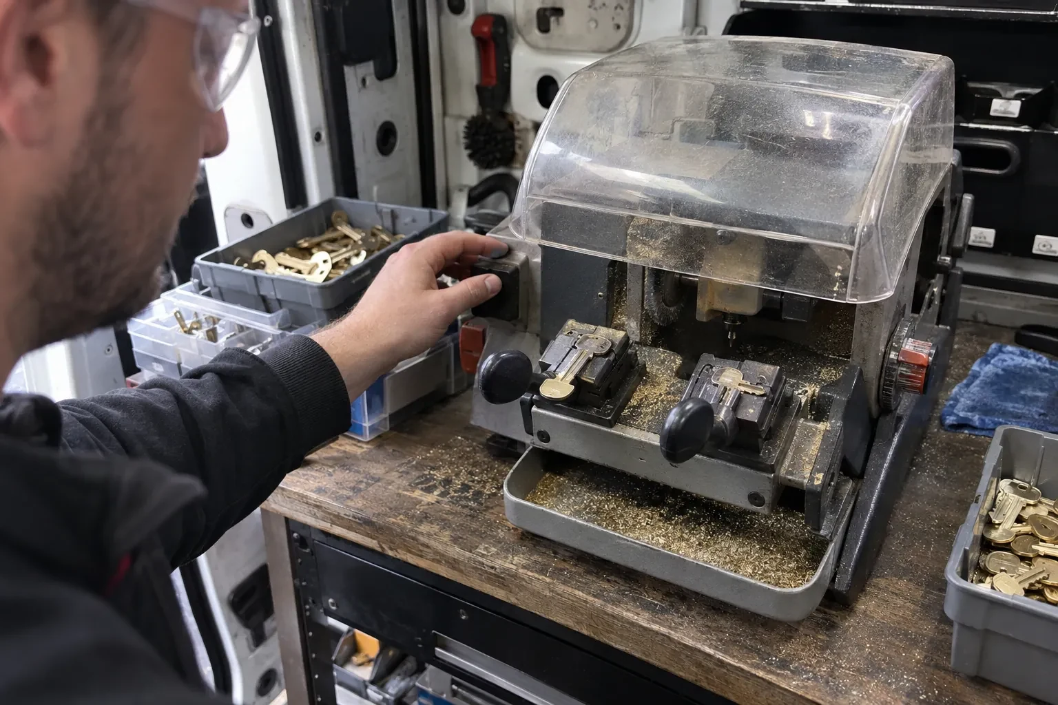 Person in safety glasses reaching for a key-cutting machine with a clear cover, beside trays of brass key blanks. — Spare Car Key Duplication, Mississauga