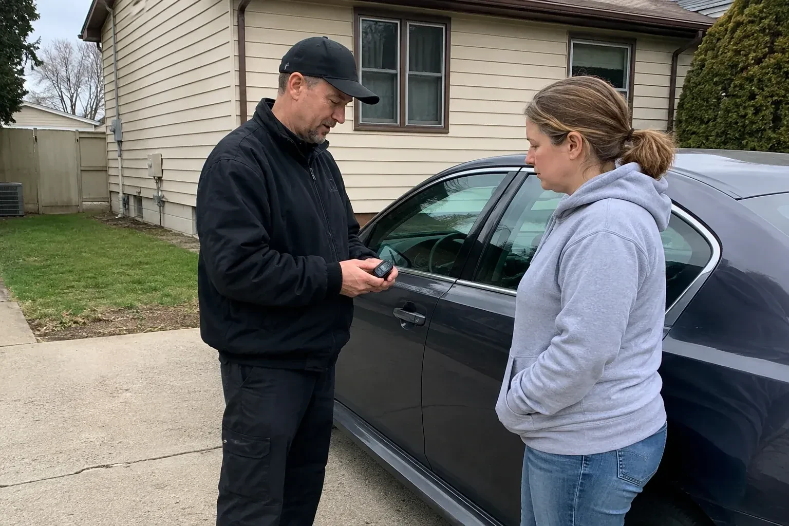Two people standing beside a parked sedan, one wearing a cap and holding a small black device. — Vehicle Lock Repair, Mississauga