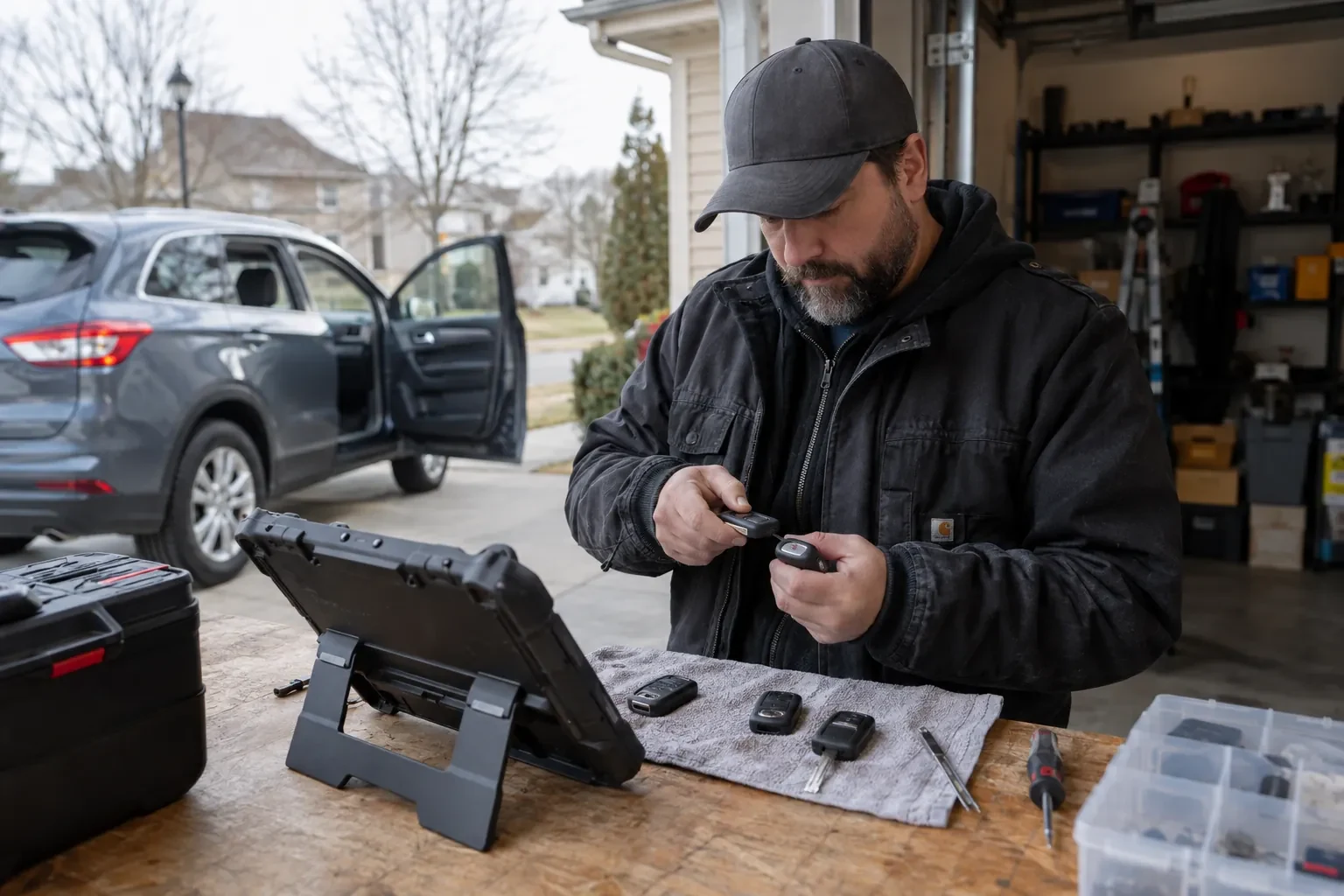 Technician holding two key fobs at a bench with a tablet and three fobs on a gray cloth, an open SUV behind. — Clarkson