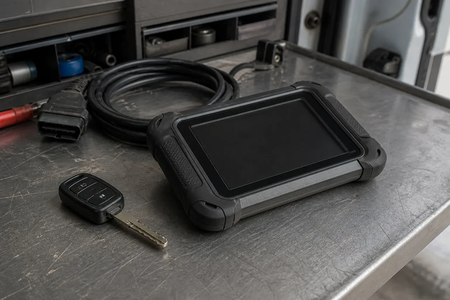 Vehicle key beside a dark diagnostic tablet and coiled connector cable on a workbench. — Transponder Key Programming, Mississauga