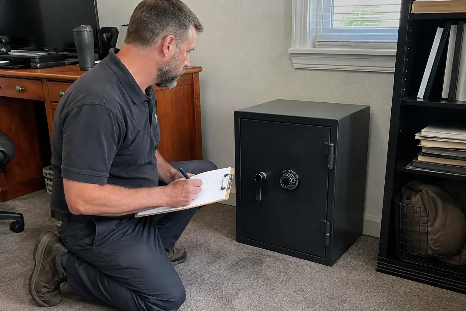 Person writing on a clipboard while kneeling beside a closed black safe with a numbered combination dial in a home office. — Safe Opening & Combination Change, Mississauga
